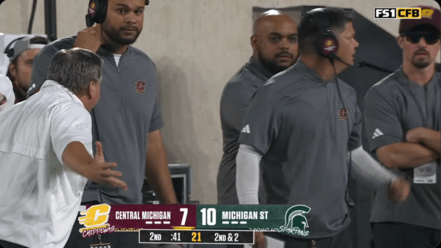 Photo allegedly showing Michigan Wolverines assistant Connor Stalions on Central Michigan sideline. Photo via Nicole Auerbach